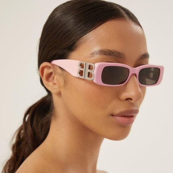 BalenciagaBB0096S 012 Sunglasses Pink Silver Logo Grey Rectangle Unisex